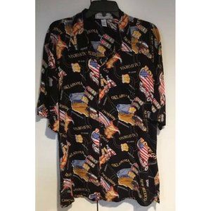 Mens Hawaiian Shirt Black Sz L Rayon Camp Flag Car